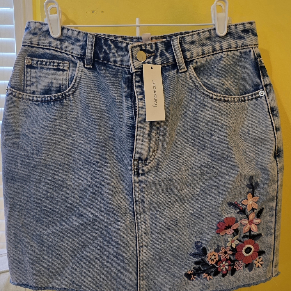 Francesca's Collections Light Blue Denim Skirt with Colorful Floral Design